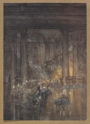 Durch das Haus gibt schimmerndes Licht vom toten und schläfrigen Feuer. Eine Szene aus 