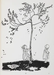 Zwei Kinder versuchen, eine Katze vom Baum zu holen.