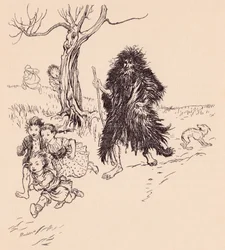 Wer ihn sah, rannte weg. Illustration von Arthur Rackham aus Grimms Märchen Bärenhäuter.
