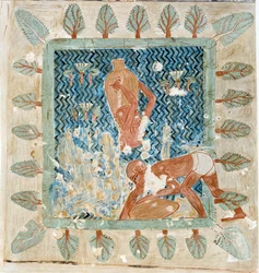 Kunst Ägypten: zwei Diener schöpfen Wasser aus einem Becken. Ähnliches College aus dem Grab von Rekhmire in Theben