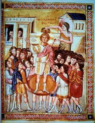 Krönung von König David (1015 - 975 v. Chr.), König von Israel. Miniatur im "Psaltier de Paris" Folio 6v