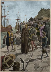 Abfahrt von Christoph Kolumbus und seinen Gefährten aus dem Hafen von Palos in Spanien am 3. August