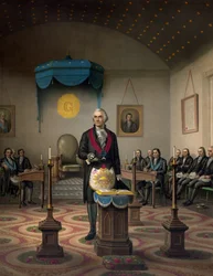 George Washington, amerikanischer General und Staatsmann, in maurerischer Kleidung (Verehrter der Loge „Alexandria 39“, die 1805 als „Washington-Alexandria“ bekannt war)
