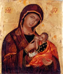 Ikone: „Jungfrau und Kind“ Anonyme Holzmalerei. Kirche Santa Maria delle Grazie al Trionfale, Rom
