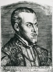 PHILIP II von Spanien (1527-1598). König von Spanien (1556-1598) und Portugal (1580-1598). Porträt von Philipp noch als Prinz. Xylographie.