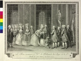 Königin Marie Antoinette kündigt Madame de Bellegarde 1777 die Freilassung ihres Gatten an