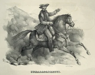 Tomas Zumalacarregui (1788-1835). Karlistischer General. Spanien. Erster Karlistenkrieg. Zumalacarregui reitet auf einem Pferd. (Stich)