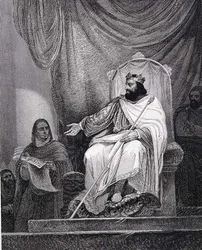 Karl der Große (742-814) erlässt das Kapitular von Herstal im Jahr 779, gestochen von Leclerc