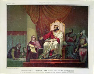 Karl der Große (742-814) erlässt 779 das Kapitular von Herstal, gestochen von Eugène Ronjat, ca. 1860-80