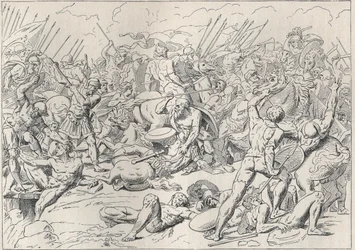 Peloponnesischer Krieg: Die Schlacht von Potidea, in der der griechische Philosoph Sokrates das Leben von Alkibiades rettete. (Gravur nach Carstens) in „Les ecoliers a travers les ages“ von L. Tarsot 1893.