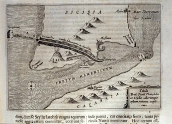 Kartografische Darstellung von Charybdis und Skylla in der Straße von Messina, Sizilien. Kupferstich aus „Mundus Subterraneus“ von Athanasius Kircher (1601-1680), Jesuit, Orientalist und Gelehrter, 1682