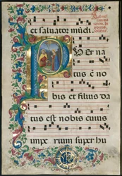 Blatt aus einem Graduale: Initiale P mit der Geburt Christi