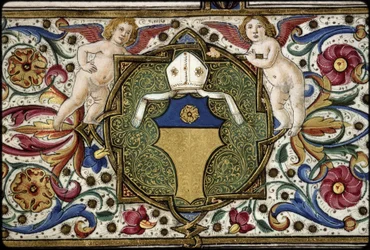Missel de Thomas James: Detail der Waffen des Auftraggebers, „D