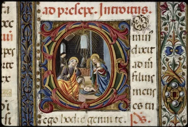 Missel de Thomas James: Detail einer Lettrine D: die Geburt.