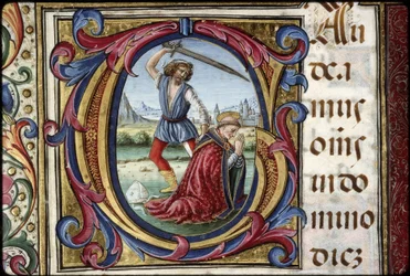 Missel de Thomas James: Detail einer Lettrine G: das Martyrium des heiligen Thomas Becket.