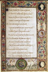 Seite aus dem Manuskript „Il canzoniere“ von Francesco Petrarca (Petrarca) (1304-1374), illuminiert von Attavante degli Attavanti (1452-1525) (Ms. Cl. VIII. 684), 15. Jahrhundert, Maße 19 x 12,7 cm, Florenz, Nationalbibliothek