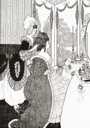 Die Toilette nach Aubrey Beardsley. Aus Illustrierte Sittengeschichte vom Mittelalter bis zur Gegenwart von Eduard Fuchs, veröffentlicht 1909.