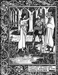 Artussage: „Die Herrin vom See (die Fee Viviane) lehrt Arthur von der Existenz des Schwertes Excalibur“; Stich in „Le Morte d