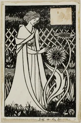 Dekorative Studie: Frau mit Sonnenblumen