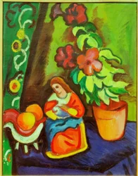 Stilleben mit Madonna, Petunie und Äpfeln