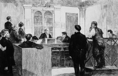 Bow Street Polizeigerichtshalle in London im Jahr 1884 (Stich)