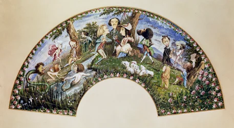 George Sand und Freunde in Nohant im Jahr 1838, Fächerbemalung von Auguste Charpentier