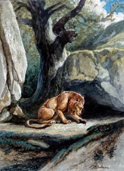 Illustration der Fabel „Der Löwe und die Ratte“ von Jean de La Fontaine