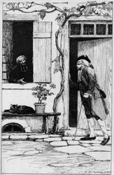 Die Pfarrei des Dorfes Ermenonville lädt den Philosophen Jean Jacques Rousseau (1712-1778) ein, sein Pfarrhaus zu betreten. Oise (60). Illustration von Auguste Francois Gorguet (1862-1927)