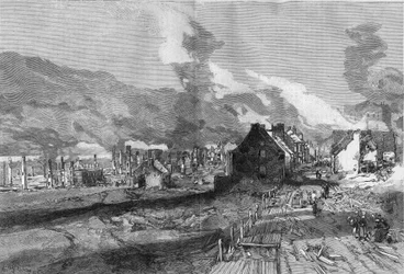 Ansicht der Ruinen von Quebec City (Kanada) nach dem Brand im Juni 1881. Gravur von Lepere in „Die illustrierte Welt“ Nr. 1267 vom 9. Juli