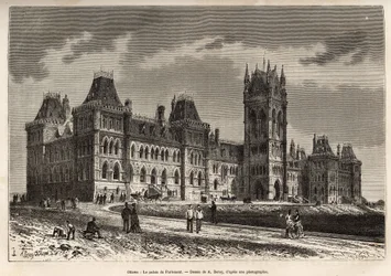 Das Parlamentsgebäude in Ottawa, erbaut zwischen 1859 und 1876, graviert nach einer Zeichnung von A. Deroy, zur Illustration des Ausflugs nach Kanada und zum Red River of the North, von H. De Lamotte 1873, veröffentlicht in „Le tour du monde“ 1875, herausg