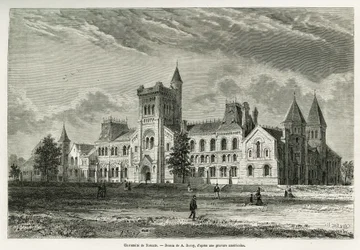 Die Universität von Toronto, Zeichnung von A. Deroy, zur Illustration der Geschichte eines Ausflugs nach Kanada und zum nördlichen Roten Fluss 1873 von H. de Lamotte. Gravur in Le tour du monde
