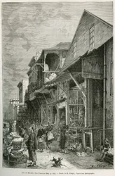 Die Straße des Marktes in San Francisco, die die Anwesenheit einer bedeutenden chinesischen Gemeinschaft zeigt, ein Vorbote eines zukünftigen Chinatowns. Gravur nach A. Deroys Zeichnung, zur Illustration der Geschichte La conquete blanche, von William Hep
