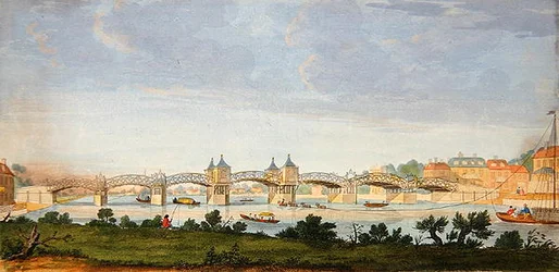 Perspektivische Ansicht der Hampton Court Bridge über die Themse, graviert von Charles Grignion (1717-1810) ca. 1754