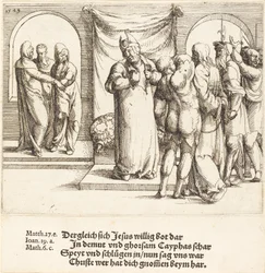 Christus wird verspottet, und Kaiphas zerreißt seine Kleider, 1549