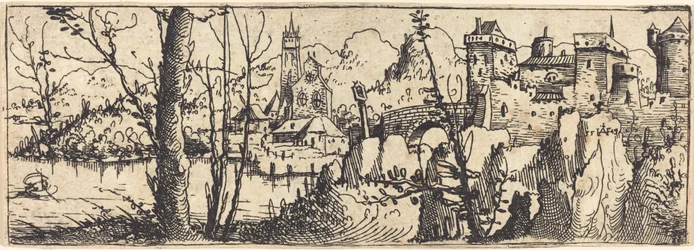 Landschaft mit Schloss rechts, umgeben von Felsen, 1546