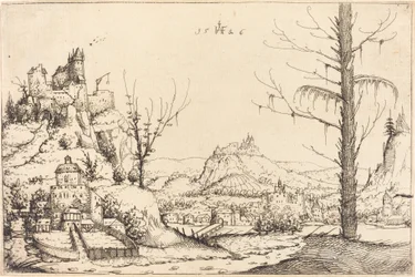 Landschaft mit hohen Klippen, Fluss und Stadt