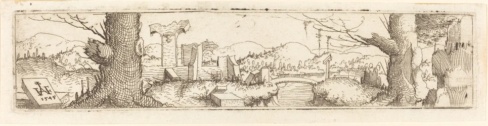 Landschaft mit Bach und Ruinen