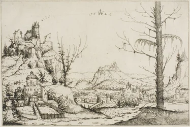 Landschaft mit einer Festung auf einem Hügel