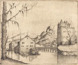 Flusslandschaft mit zwei Gebäuden