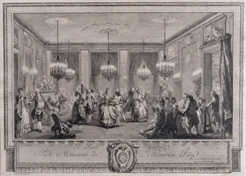 Der Abendkleidball im Haus von Monsieur de Villemorien Fila, graviert von L. Provost