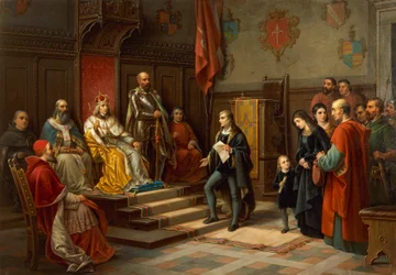 Friedrich III., gedrängt, gegen die Türken zu marschieren, von Triester Dichter Raffaele Zovenzoni, von Augusto Tominz (1818-1883)