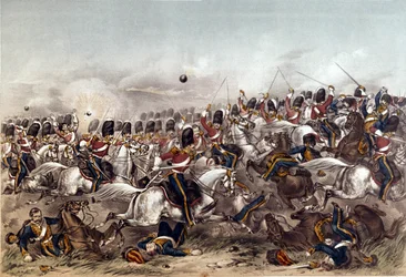 Schlacht von Balaklawa. Glänzender Angriff der Scots Greys, 25. Oktober 1854, gestochen von Augustus Butler, veröffentlicht von Stannard and Dixon, London, 6. Januar 1855