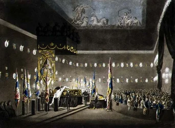 Überreste von Lord Viscount Nelson im Painted Chamber im Greenwich Hospital, graviert von J. Merigot, veröffentlicht 1806