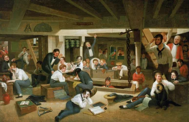 Leben auf See, Beschreibung der Freizeitmomente an Bord von Booten, unter der Aufsicht eines Marineoffiziers: Matrosen rasieren sich, zeichnen, lesen (oder studieren), spielen Musik (Flöte), trinken oder mahlen Kaffee in einer Kaffeemühle