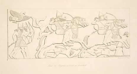 Assyrische Krieger zu Pferd, aus Denkmäler von Ninive, veröffentlicht 1849