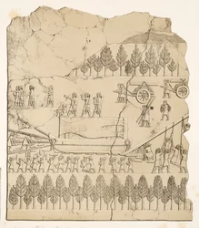 Assyrer bewegen einen geflügelten Stier auf einem Schlitten (Kouyunjik), aus Denkmäler von Ninive, veröffentlicht 1849