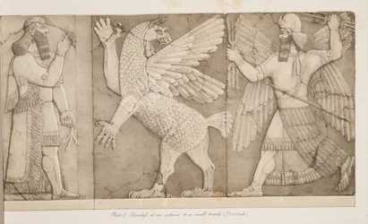 Basreliefs an einem Eingang zu einem kleinen Tempel (Nimrud), aus Denkmäler von Ninive, veröffentlicht 1849