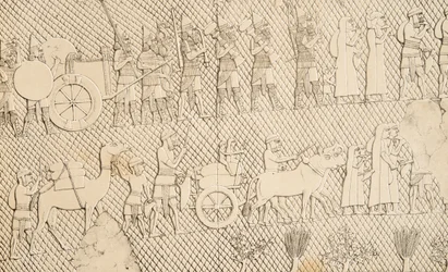 Detail von Gefangenen und Beute aus der Stadt Lachich, Illustration aus Denkmäler von Ninive, 1858