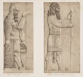 Fischgott (Nimrud) und Figur nahe einem Eingang (Kouyunjik), aus Denkmäler von Ninive, veröffentlicht 1849