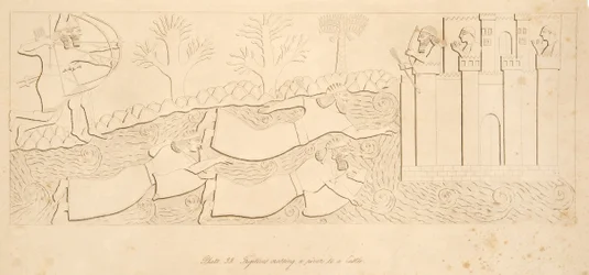 Flüchtlinge überqueren einen Fluss zu einer Burg, aus Denkmäler von Ninive, veröffentlicht 1849